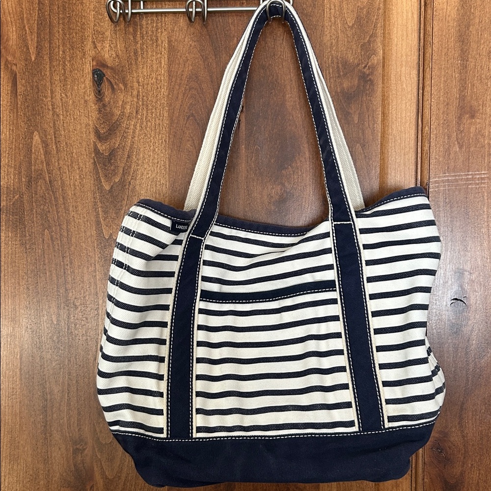 Lands End Canvas Blue White Nautical Striped Tote Bag